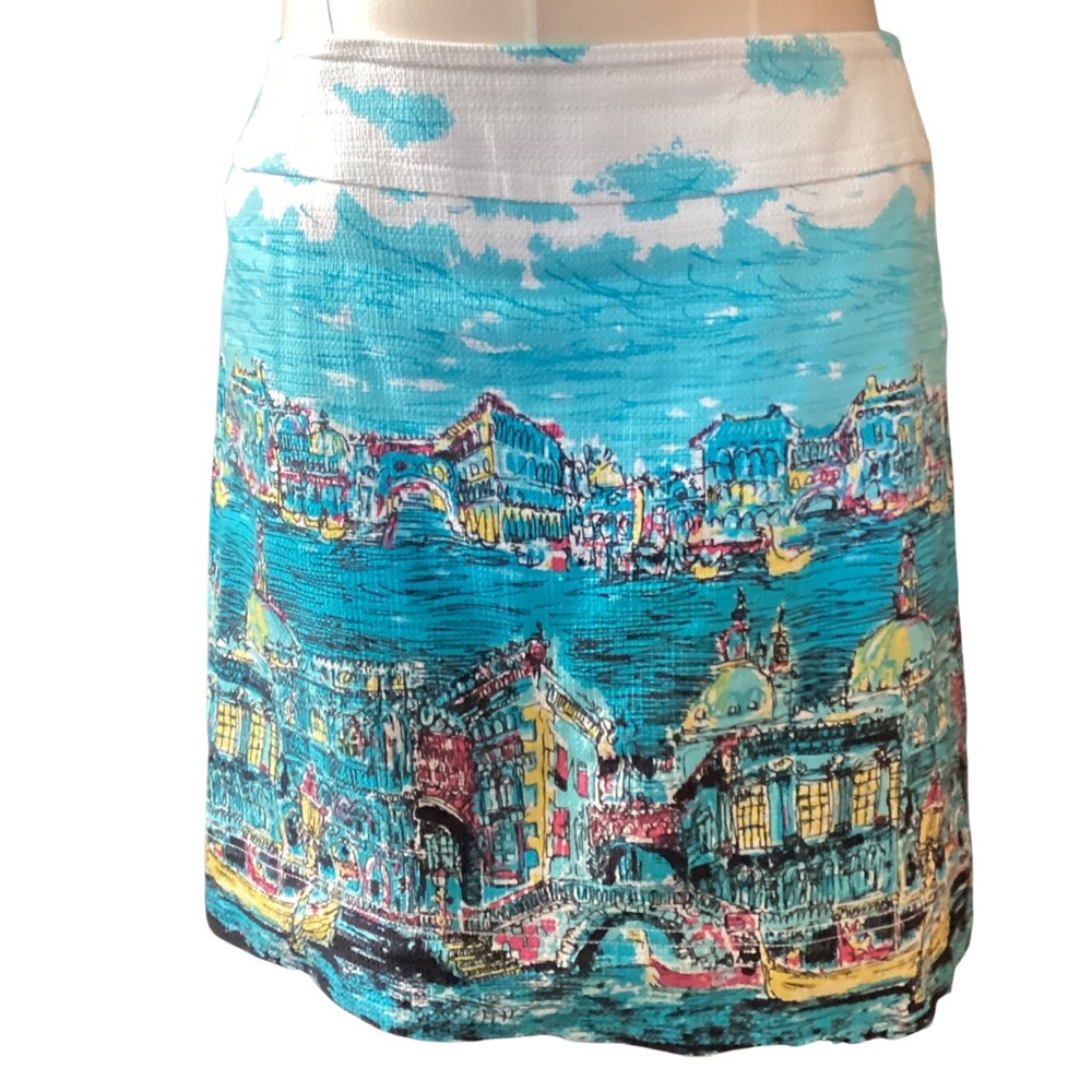 Talbots Blue Scenic Print Pencil Skirt